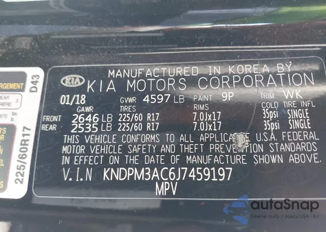 2018 Kia Sportage Lx из США, поврежденный, VIN KNDPM3AC6J7459197